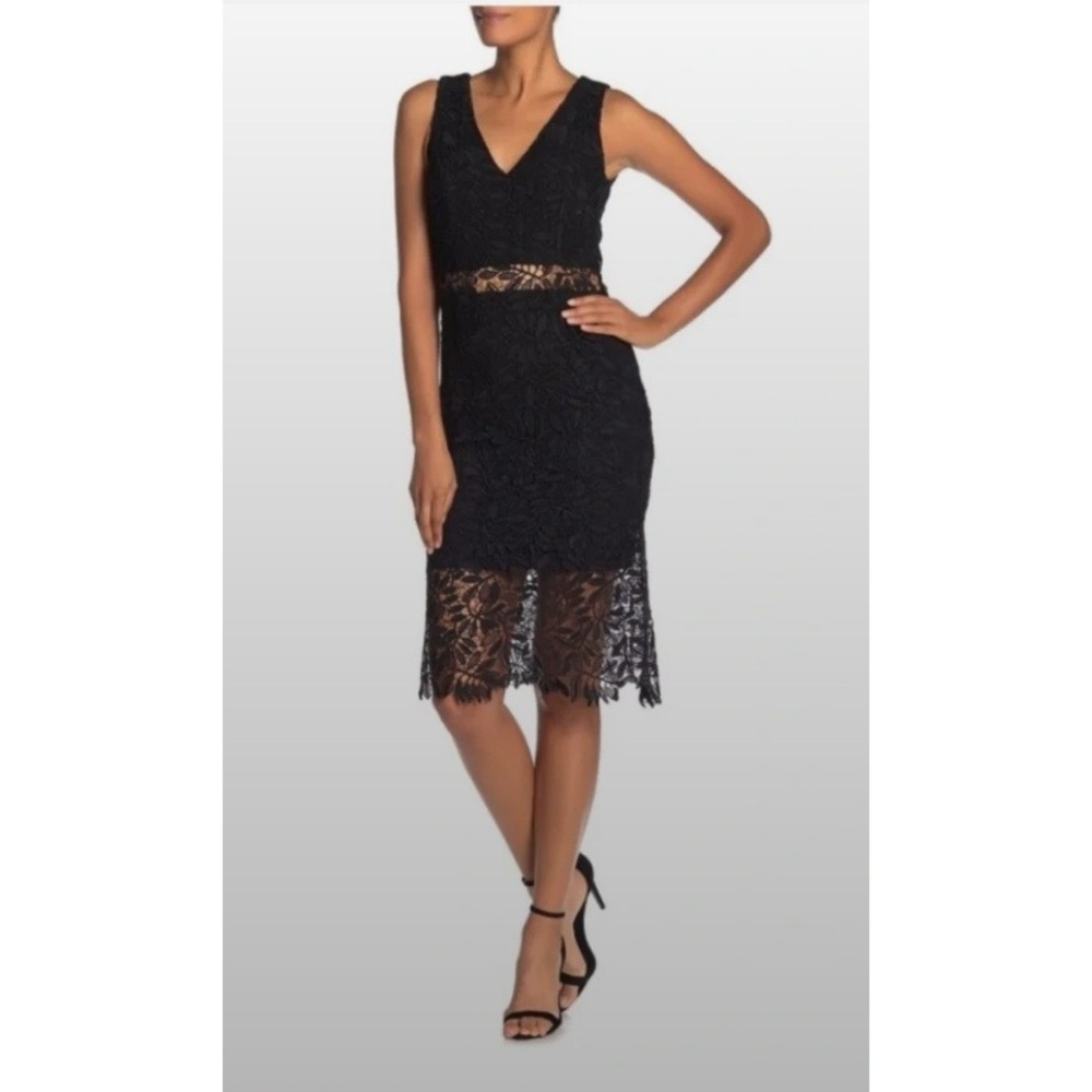 NSR Lace Sheath Dress Women L Black NEW V-Neck Sleeveless Cocktail Midi